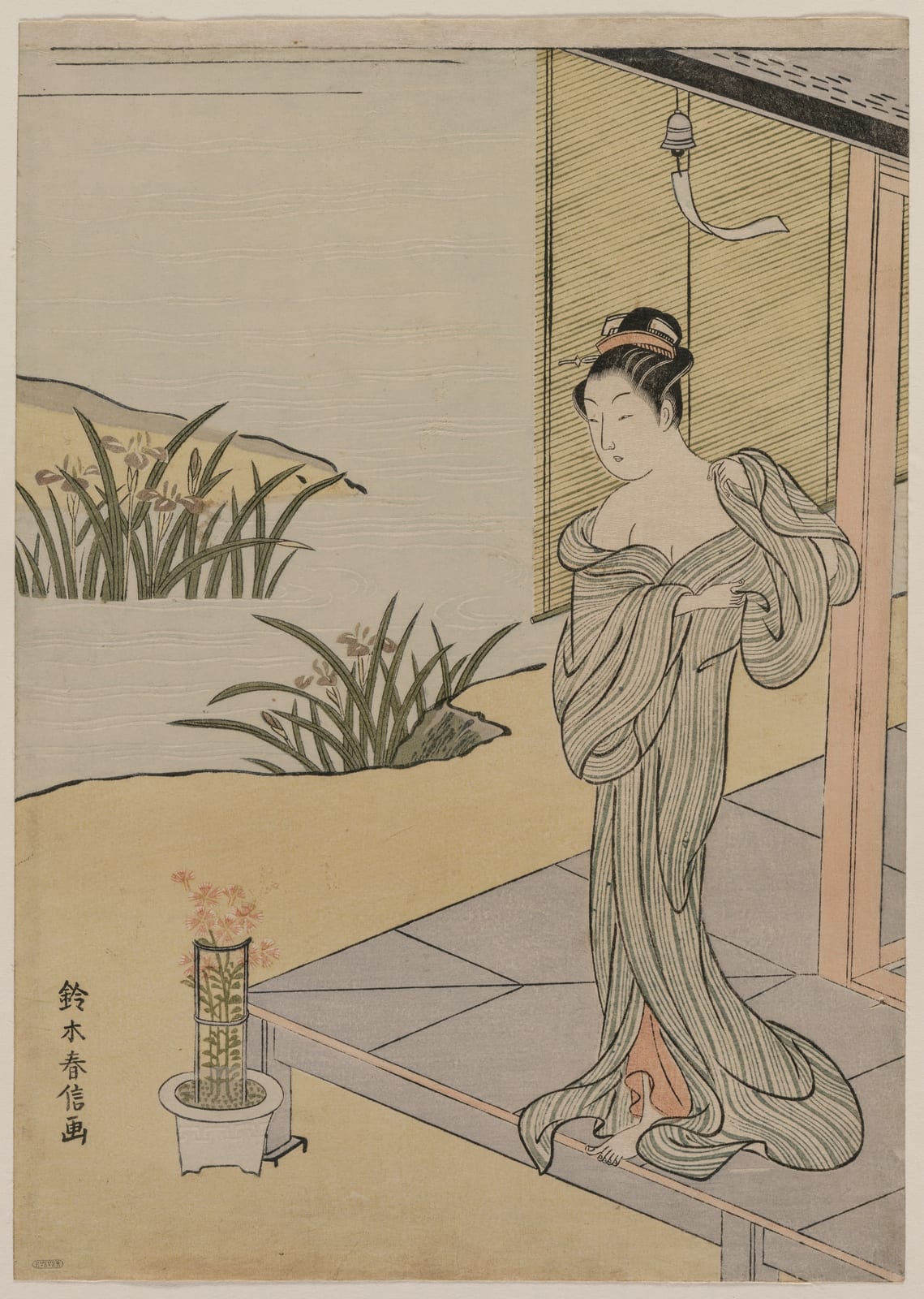 Young Woman Looking at a Pot of Pinks
